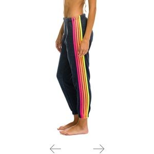 Aviator Nation sweatpants in Heather Navy // Neon 5 stripe. Size XS